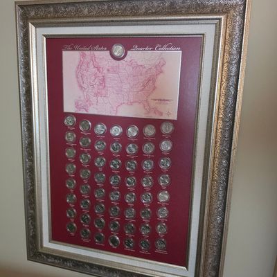 50 State Quarters Collector Map with Ornate Silver-Tone Frame