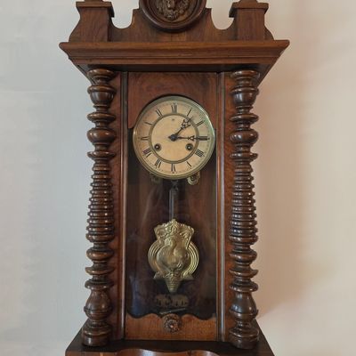Antique German Walnut Wall Regulator Clock with Lion Mask and Rooster Pendulum