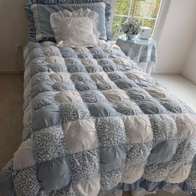 Handmade Blue and White Patchwork Puff Quilt with Ruffled Eyelet Trim
