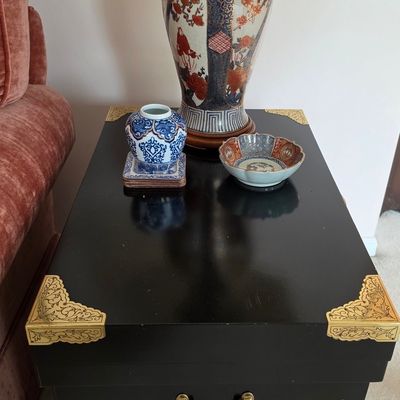 Vintage Black Lacquered Chinoiserie Campaign-Style End Table