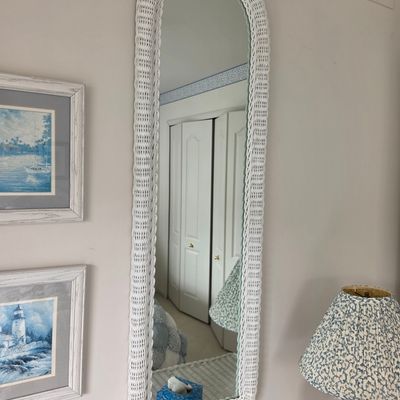 Vintage Arched White Wicker Full-Length Mirror