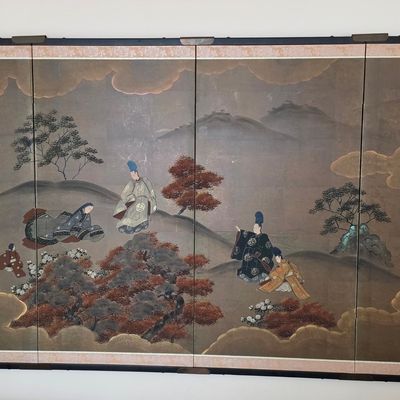 Vintage Japanese Four-Panel Byobu Folding Screen Depicting Courtly Scene