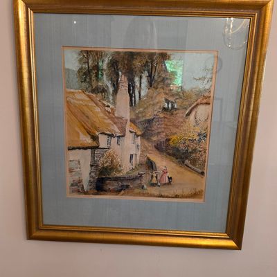 Vintage English Countryside Thatched Cottage Watercolor Painting by Alfred Leyman
