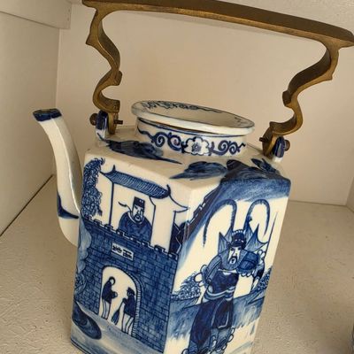 Vintage Chinese Export-Style Hexagonal Blue and White Porcelain Teapot with Brass Handle