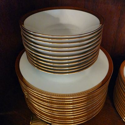 Vintage Porcelain Dinnerware Set with Gold Geometric Border - Lenox 'Tuxedo Gold'