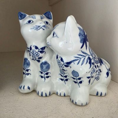 Vintage Blue and White Porcelain Siamese Cat Figurines