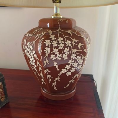 Vintage Brown Ceramic Ginger Jar Lamp with Raised Floral Relief