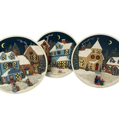 Sale Photo Thumbnail #49: 3 Rhodes Studios Light-Up Christmas Village Plates 1992