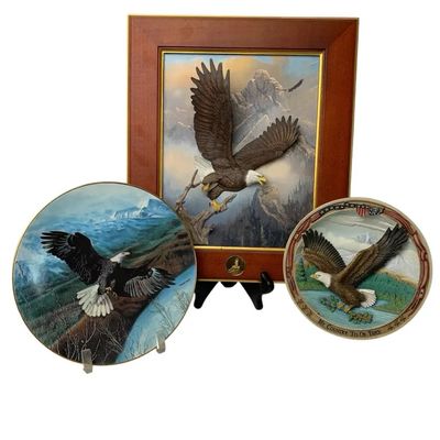 Sale Photo Thumbnail #36: Vintage Bald Eagle Decor & Musical Collector Plate Set of 3 – Patriotic Aviation