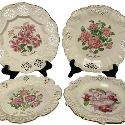 Sale Photo Thumbnail #14: Vintage Floral Collector Plates Set of 4 – Roses & Flowers – Scalloped Pierced Edge Decor