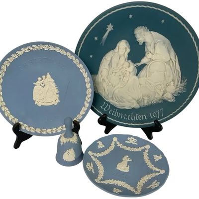 Sale Photo Thumbnail #24: Vintage Wedgwood Jasperware 2 Plates & Bell + Mettlach Plate 4-Piece Collector Set