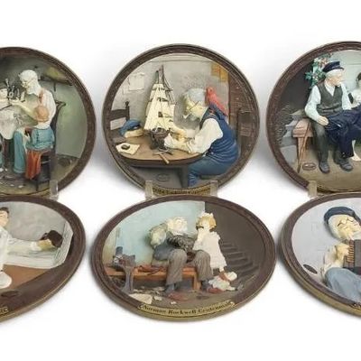 Sale Photo Thumbnail #2: Norman Rockwell Centennial 3D Resin Collector Plates Set of 6 Vintage Scenes Display