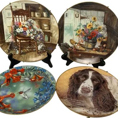 Sale Photo Thumbnail #10: Vintage Collector Plates Set of 4 – Hummingbird, Springer Spaniel Dog & Floral Scenes