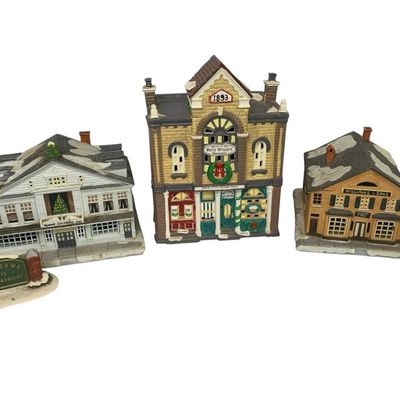 Sale Photo Thumbnail #45: Christmas Village Buildings & Sign Lot 4 Decorative Holiday Pieces