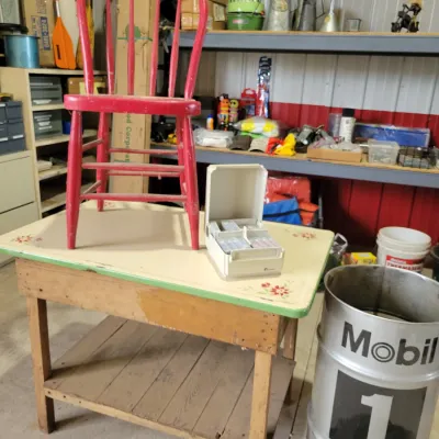 Sale Photo Thumbnail #340: Enamel Top Table and Mobil 1 Bin