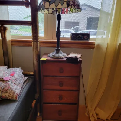 Sale Photo Thumbnail #80: Tiffany Style Lamp and Small Chest of Drawers