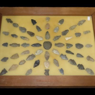 Sale Photo Thumbnail #233: 24" x 18" Frame full of Arrowheads found in Wayne & Hardin County Tennessee by Boyd Cole. Indian Artifact Collection, Knife, Blade, Spear.