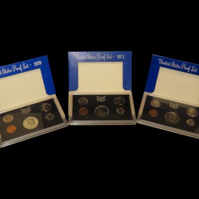 Sale Photo Thumbnail #735: Lot of 3 U.S. Proof Sets, 1970, 1971, 1972. 15 Total Coins all in original Sealed Housings by the United States Mint, With Original Boxes too.