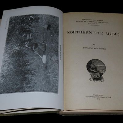 Sale Photo Thumbnail #288: 1922 FISRT EDITION HARDBACK; NORTHERN UTE MUSIC, 213 PAGES, HIGH PLAINS INDIANS, FLUTES, DRUMS, ETC. SOME STAINING TO COVER BOARDS, BUT LL PAGES CLEAN AND CLEAR.