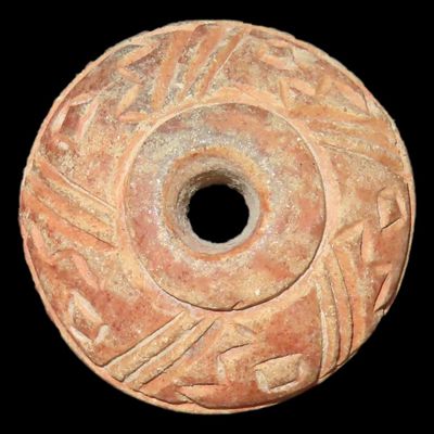 Sale Photo Thumbnail #309: Engraved Pre-Columbian Effigy Clay Bead, Nicely Deigned Example. Mexico.