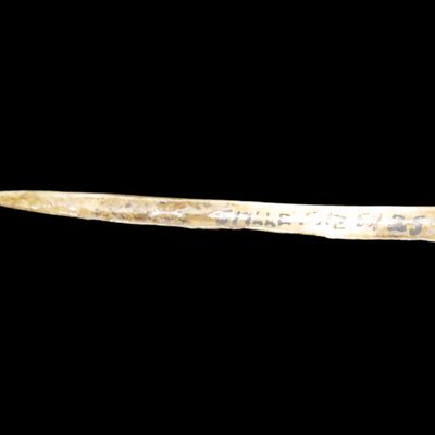 Sale Photo Thumbnail #852: Nice 3 3/8" Polished Bone Hairpin / Needle found at the Stille Site. Nice sharp tip.