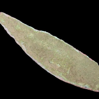 Sale Photo Thumbnail #110: 3 1/2" Copper Arrowhead / Leaf Blade found in Wisconsin. Nice well patinated example. Spear, Knife