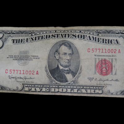 Sale Photo Thumbnail #911: Early US $5 Silver Certificate Red Seal from 1953. Great Crispy Condition. Five Dollar, United States Currency