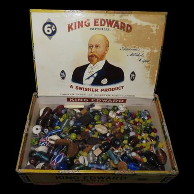 Sale Photo Thumbnail #905: Old Cigar Box FULL of 1000's of Colorful Glass Trade Beads