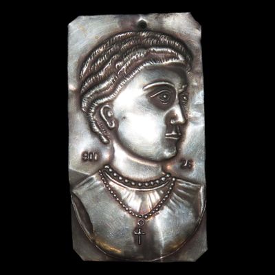 Sale Photo Thumbnail #414: 3 3/8" Vintage 1800's Ex Voto Milagro Pendant. Colonial Era Religeous Offerings for Well Being, Healing, or Giving Thanks for a Miracle. This one is Silver Plated.