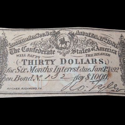 Sale Photo Thumbnail #655: Civil War Confederate States $30 Bond Note, Dated Feb. 17th, 1864. Original Hand Signed Document from the Time Period. Great Piece of American History