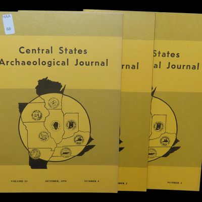 Sale Photo Thumbnail #88: SET OF 1976 CENTRAL STATES ARCHAEOLOGICAL JOURNALS. FULL OF TONS OF GREAT PICS & ARTICLES ON BIRDSTONES, HOPEWELL MICA & COPPER, FLINT SPADES, POTTERY, ATLATL HOOKS, PALEO CLOVIS, BANNERSTONES, SHELL GORGETS, SEVERAL ARTICLES ON LITTLE RIVER POINTS, ETC.
