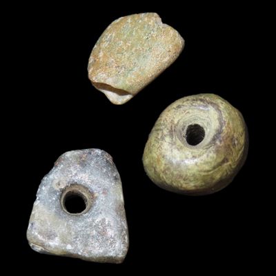 Sale Photo Thumbnail #427: Lot of 3 Pre-Columbian Mayan Green Jade Beads / Pendant. Guatemala. 2 Tube Beads and 1 Trapezoidal Pendant. Pendant & 1 Bead are Highly Translucent!