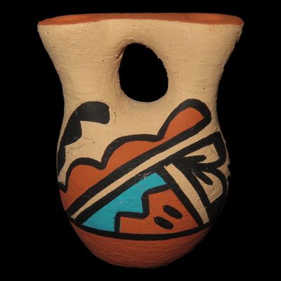 Sale Photo Thumbnail #372: Beautiful Southwest Pueblo / Jemez Indians Pottery Wedding Vase / Jar / Bowl. Original Hand Painted Example. Signed on Bottom.