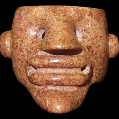 Sale Photo Thumbnail #443: Rare Pre-Columbian Human Effigy Stone Ring. Highly Detailed and heavily Polished Brown Stone. Found in Guatemala.