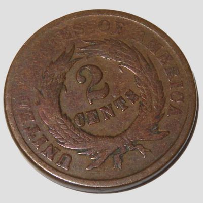 Sale Photo Thumbnail #711: 1864 Civil War era Two Cent Coin, Great Condition, 2 Cents Obsolete U.S. Coins, United States Currency
