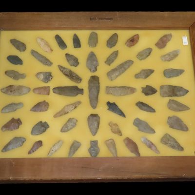 Sale Photo Thumbnail #265: 24" x 18" Frame full of Arrowheads found in Wayne & Hardin County Tennessee by Boyd Cole. Indian Artifact Collection, Knife, Blade, Spear.