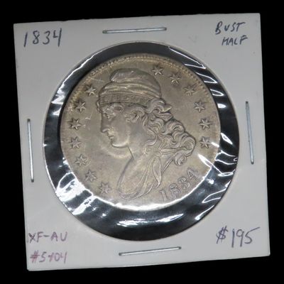 Sale Photo Thumbnail #800: 1834 Silver Bust Half Dollar, Lettered Edge, Nice Higher Grade Example XF-AU, Amazing Original Details & Nice Patina. Early U.S. Coin, Lady Liberty 1/2 $1