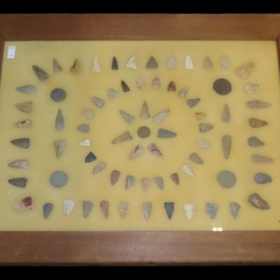 Sale Photo Thumbnail #121: 24" x 18" Frame full of Arrowheads found in Wayne & Hardin County Tennessee by Boyd Cole. Indian Artifact Collection, Knife, Blade, Spear.