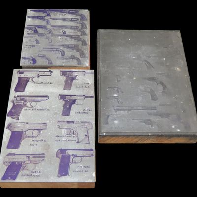 Sale Photo Thumbnail #672: Lot of Antique Printing Plates with Guns, Pistols, Colts, Revolvers, etc. Used in Rev. Heike's Book on guns.