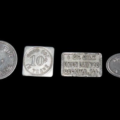 Sale Photo Thumbnail #956: Vintage Lot of early 1900's Illinois Store Advertising Trade Tokens. Belleville, Utica, Freeport, Decatur.