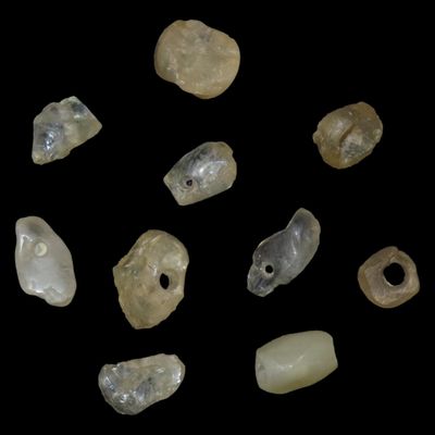 Sale Photo Thumbnail #363: Lot of 10 Pre-Columbian Clear Crystal Quartz Drilled Beads from South America. I can't imagine the time & Patience to make just one, much less 10 or a whole necklace full in primitive times!