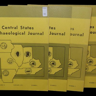 Sale Photo Thumbnail #56: FULL SET OF 1971 CENTRAL STATES ARCHAEOLOGICAL JOURNALS. FULL OF TONS OF GREAT PICS & ARTICLES ON COPPER ARTIFACTS, SPADES, DISCOIDALS, PALEO CLOVIS, PIPES, BIRDSTONES, AXES, BANNERSTONES, DOVETAILS, POTTERY, THEBES, ETC.