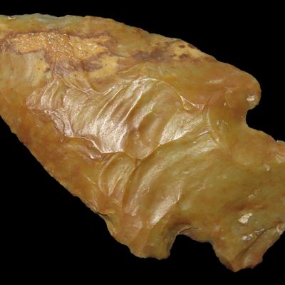 Sale Photo Thumbnail #213: Colorful Florida River Stained Bolen Bevel E-Notch found in Citrus County, FL. Ex Brian Boles Collection. Deep South Arrowhead.