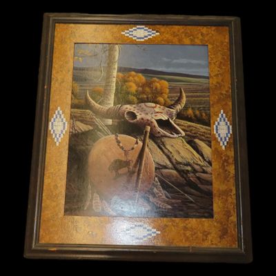 Sale Photo Thumbnail #949: Nice Large 27" x 33" Professionally Framed Southwest Plains Indian Art Painting by G. Peterson, 1989. Beautiful Hand Painted Image with a Bufallo Skull, Tomahawk Peace Pipe, Decorated Shield, and Arrows.