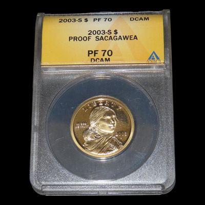 Sale Photo Thumbnail #922: HIGH GRADE Proof 69 Deep Cameo PCGS Slabbed & Graded 2003-S Sacagawea $1 Dollar U.S. Gold Colored Clad Coin