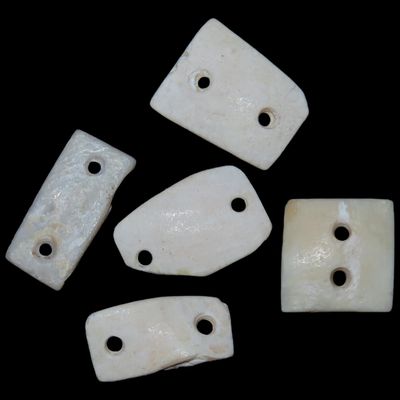 Sale Photo Thumbnail #383: Lot of 5 Pre-Columbian Drilled Shell Gorgets / Pendants / Beads found in Mexico.