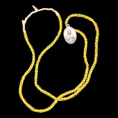 Sale Photo Thumbnail #834: Old Glass Trade Bead Necklace with Religeous Medal Pendant, Great Example with Nice Patina