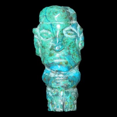 Sale Photo Thumbnail #369: Incredible Pre-Columbian Mayan Jade Human Effigy Pendant, Mexico. Motley COA. Amazing Colors and wonderful Polish. Very detailed features.