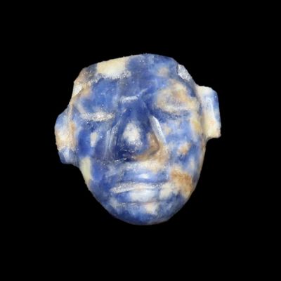 Sale Photo Thumbnail #423: Incredible Pre-Columbian Human Mask Effigy Pendant. Mexico. Motley COA. Colorful Lapis Lazuli Stone with amazing polish. Great form and attention to detail!