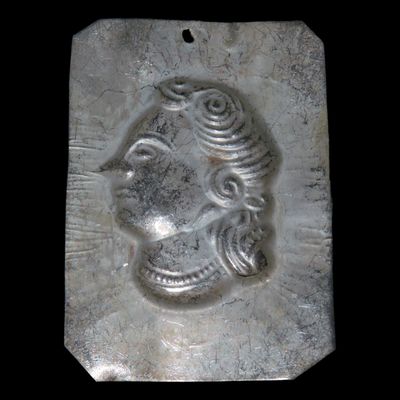 Sale Photo Thumbnail #430: 2 3/4" Vintage 1800's Ex Voto Milagro Pendant. Colonial Era Religeous Offerings for Well Being, Healing, or Giving Thanks for a Miracle. This one is Silver Plated.